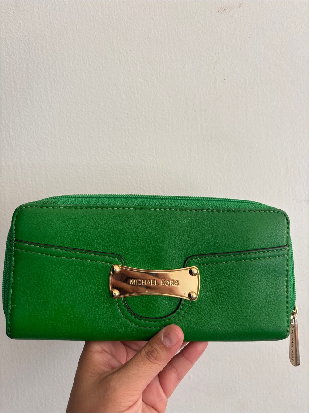 Michael Kors Green Leather Zip Wallet with Gold Plate